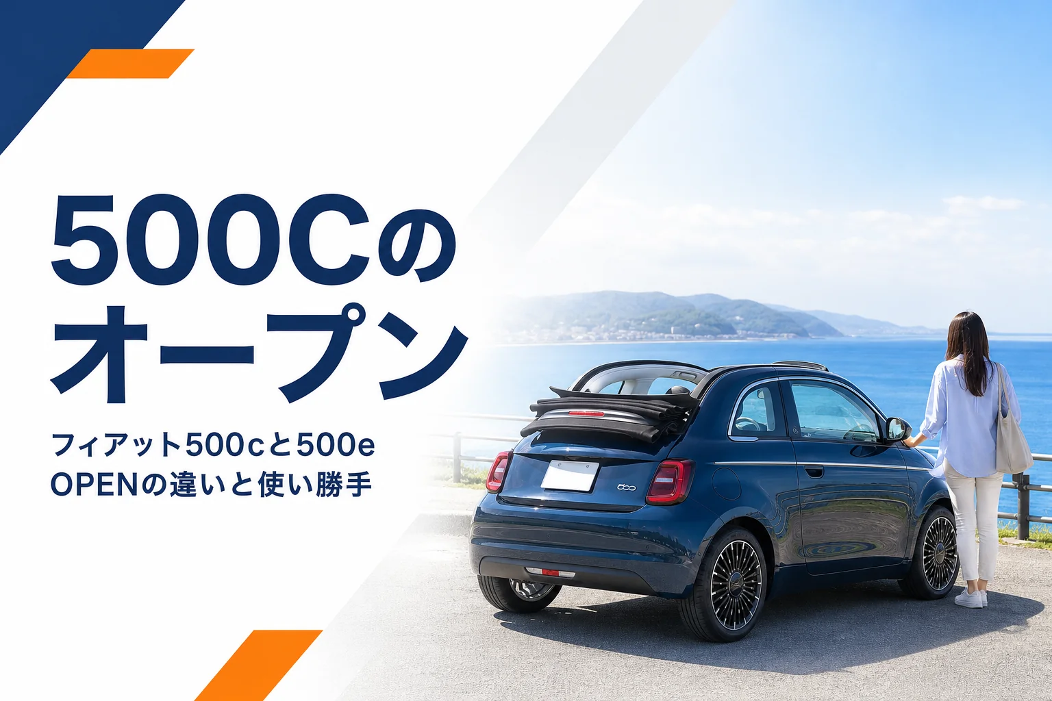 屋根を開けて海沿いに停まるフィアット500のオープンモデル