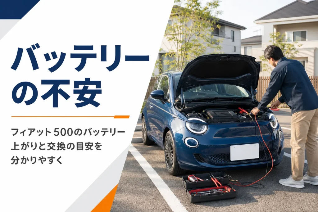 ボンネットを開けてバッテリーを点検する小さなハッチバック