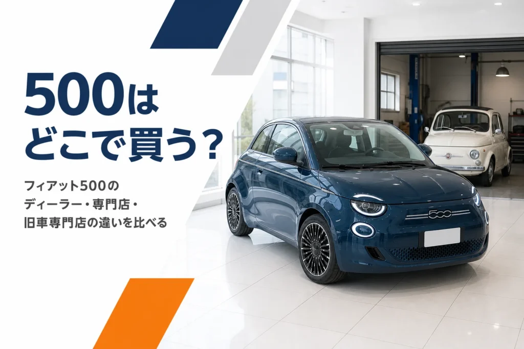 フィアット500を扱うショールームと旧車のガレージ