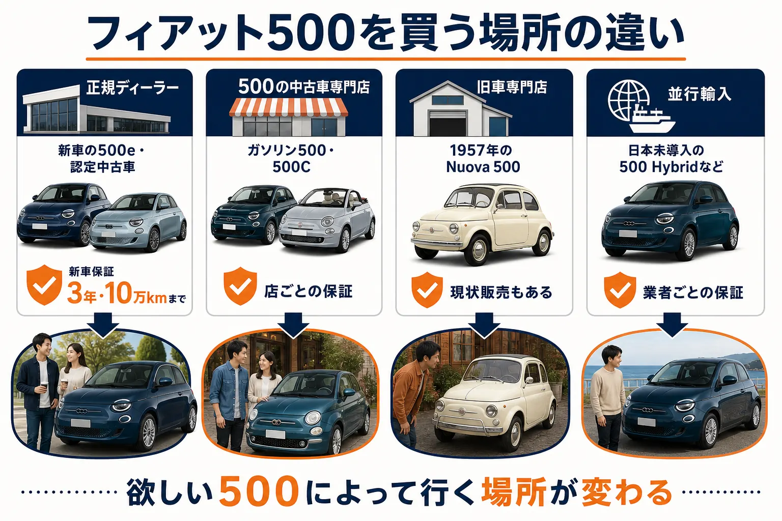 フィアット500をどこで買うかの違いを買える車と保証で比べた図解