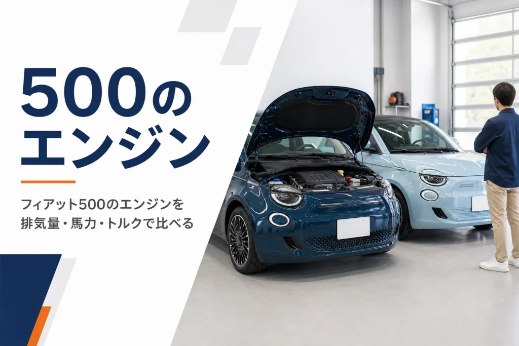 ボンネットを開けたフィアット500と電気自動車の500e