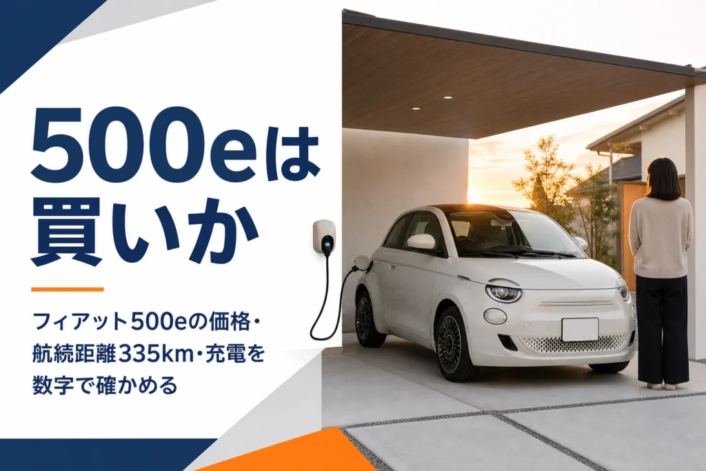 自宅のカーポートで充電中のフィアット500e