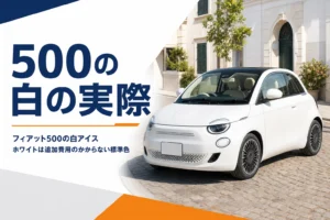 石畳の街角に停まった白い小さな3ドアハッチバック