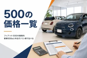 ショールームに並ぶフィアット500と価格表
