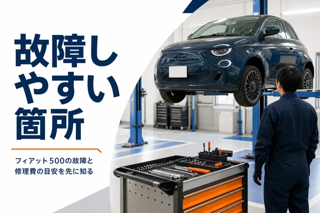 整備工場で点検を受けるフィアット500