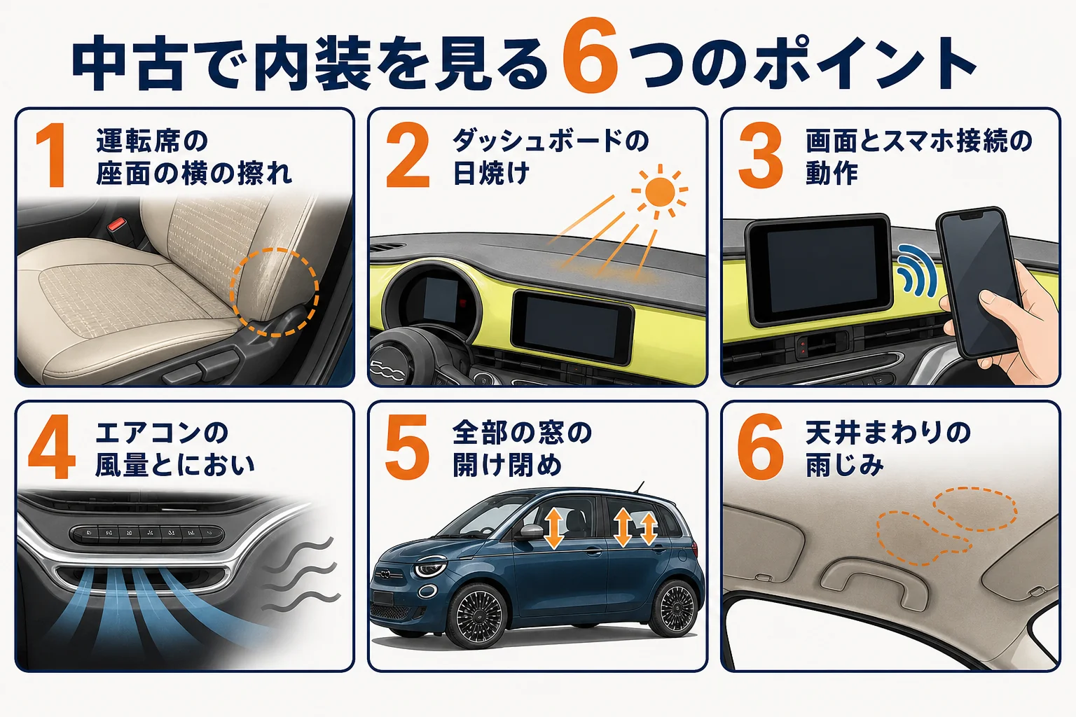 中古のフィアット500で内装を確かめるポイントの図解