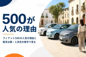 広場に並ぶ色違いのフィアット500
