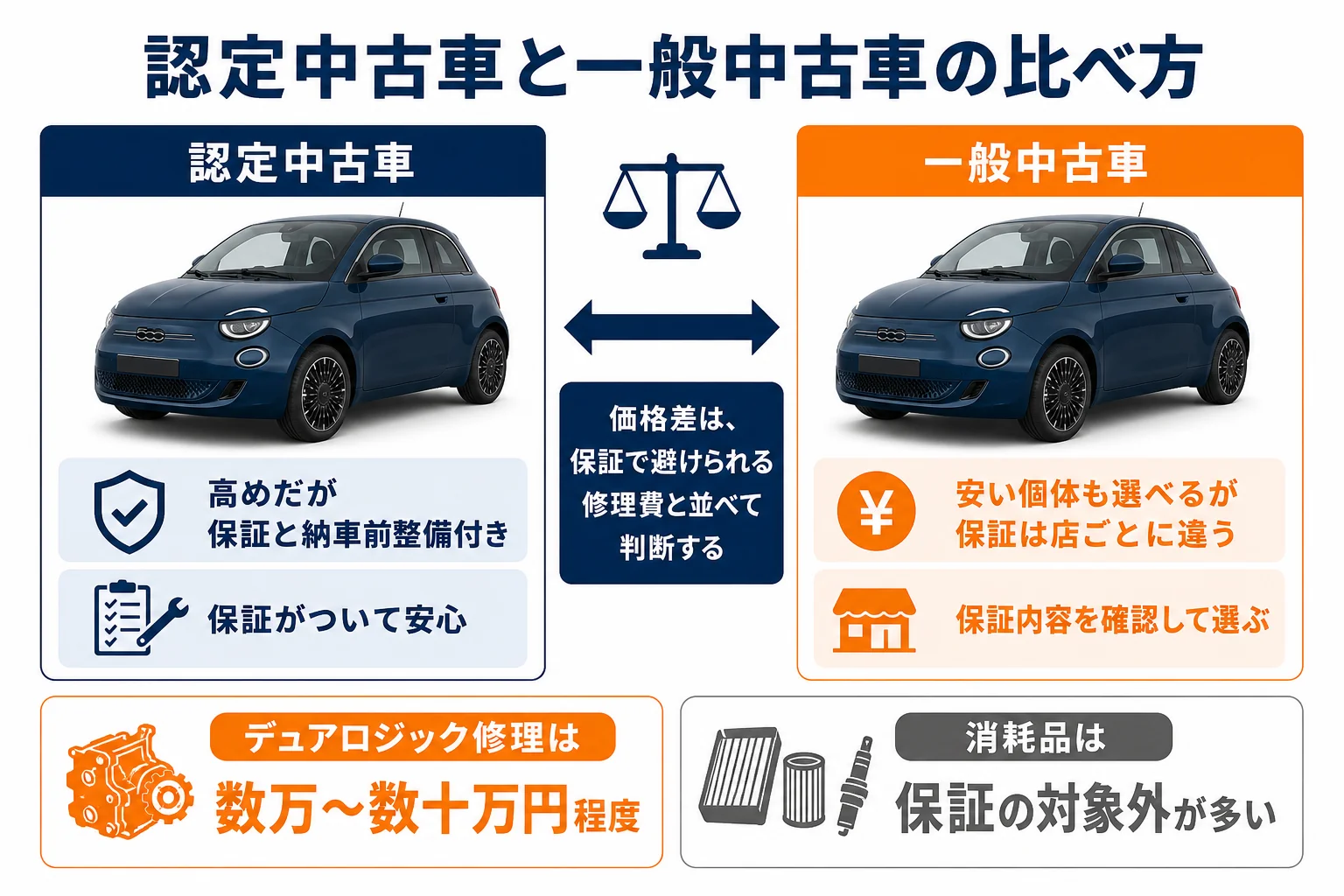 フィアット認定中古車と一般中古車の価格差と保証の考え方の図解