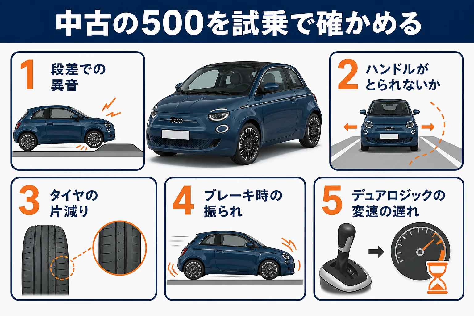 フィアット500の中古車を試乗で確かめるポイントの図解
