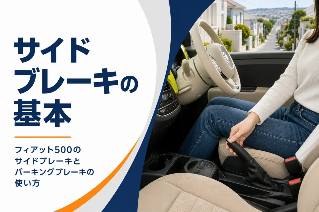 小さなハッチバックの車内でサイドブレーキレバーを引く手元