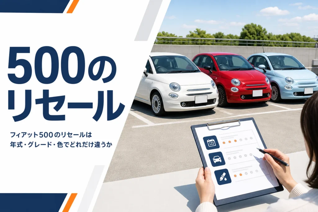 色違いの小さなハッチバックが並ぶ駐車場と査定シート