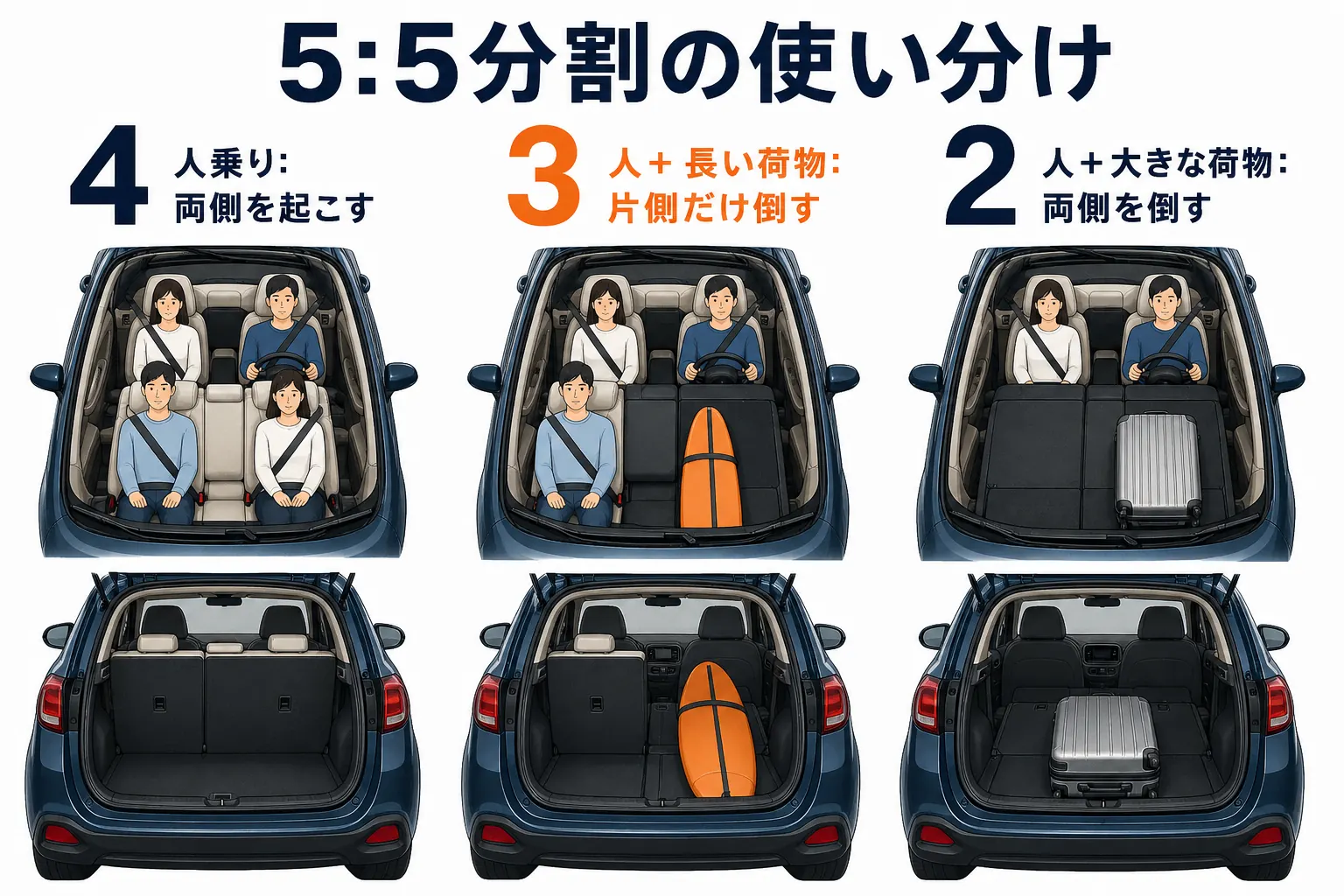 フィアット500の後席5対5分割の使い分けの図解