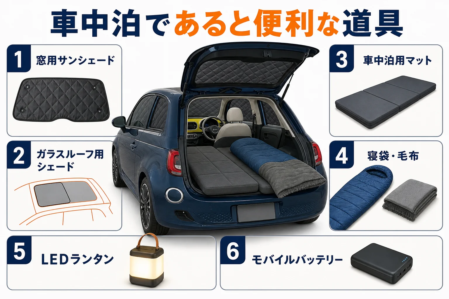 フィアット500の車中泊であると便利な道具の図解