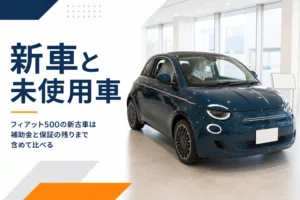 展示場に並ぶ未使用車のフィアット500