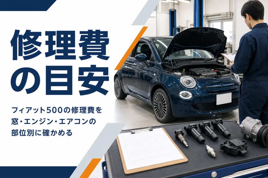 整備工場で修理の見積書と部品が並ぶ小さなハッチバック