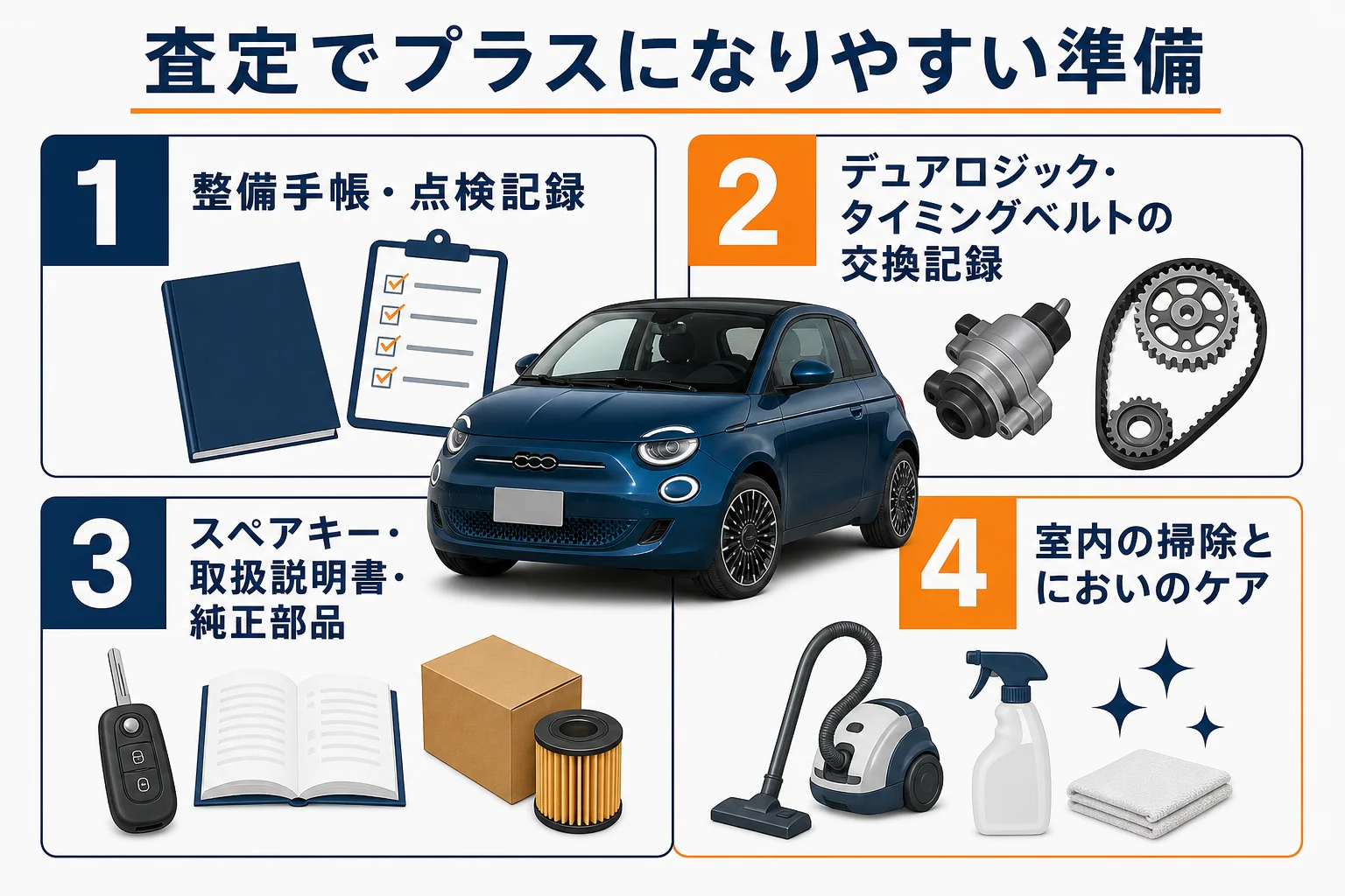 フィアット500の査定でプラスになりやすい準備の図解