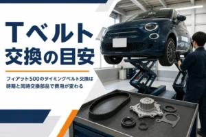 整備工場の作業台に並んだタイミングベルトとウォーターポンプの部品