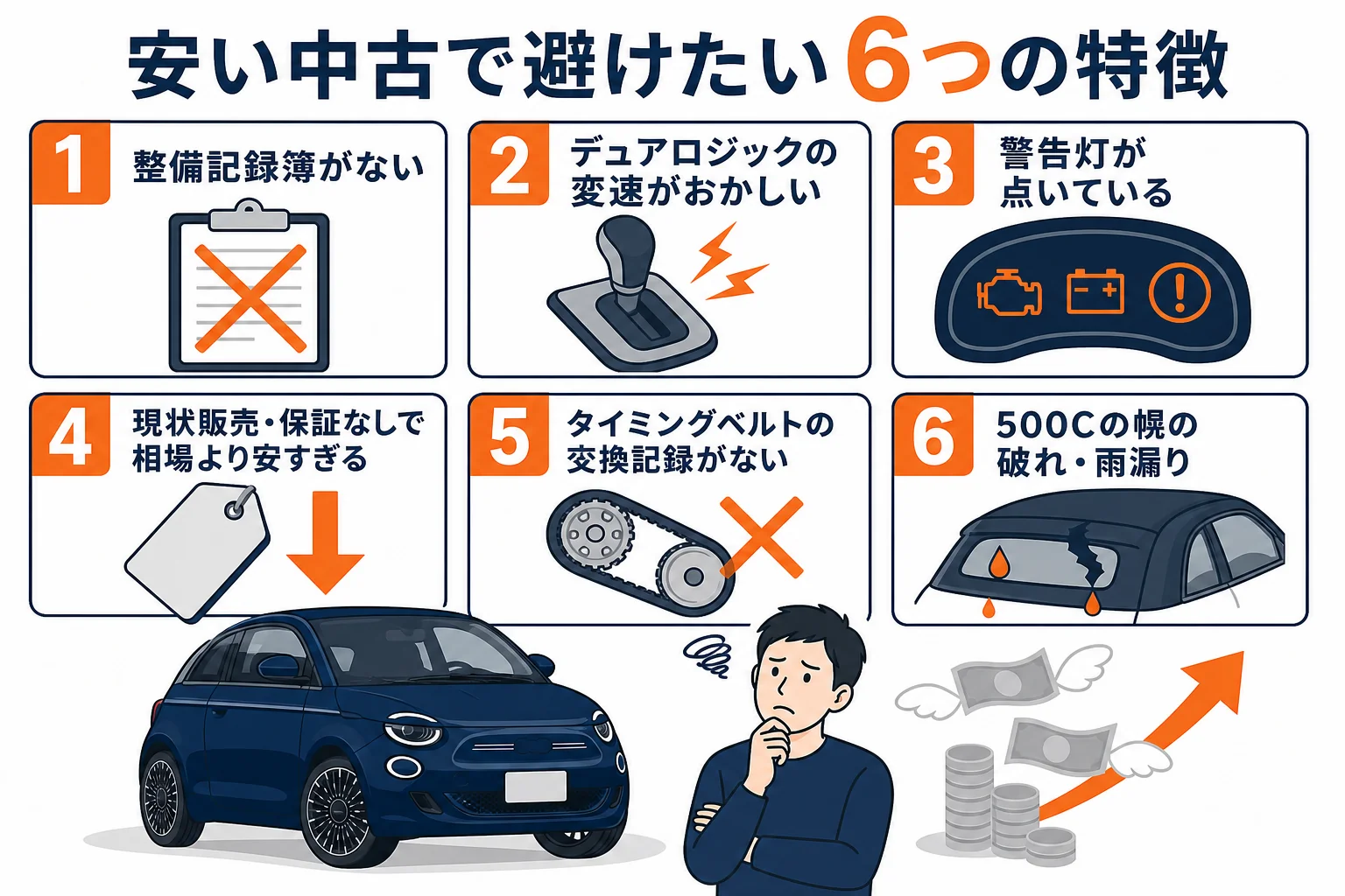 フィアット500の中古で避けたい個体の6つの特徴をまとめた図解